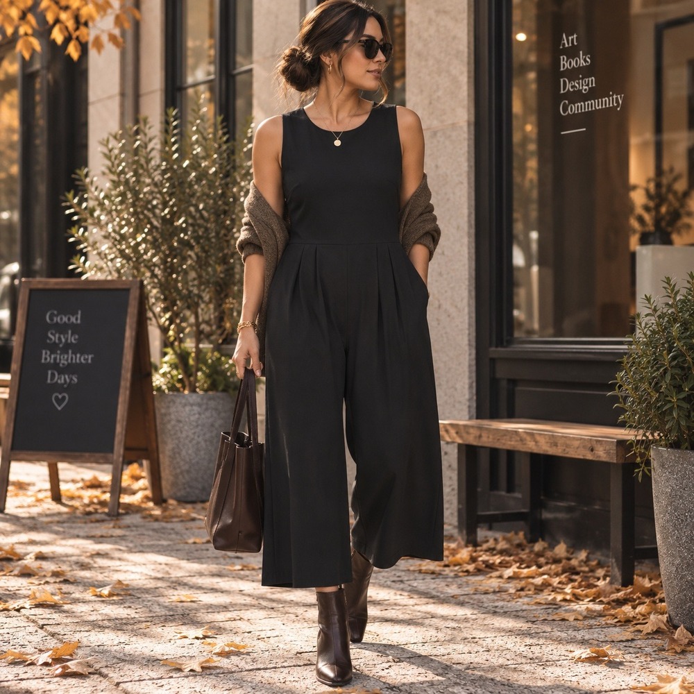 Eileen Fisher Black Viscose Stretch Sleeveless Wide Leg Cropped Jumpsuit Large